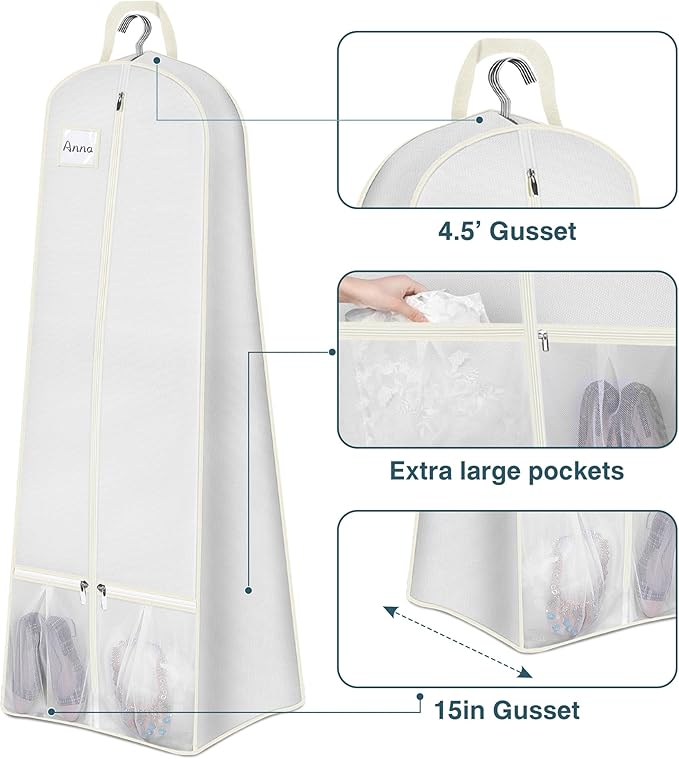 SLEEPING LAMB 72" Bridal Wedding Gown Dress Garment Bag 15" Gusseted Garment Cover Shoe Pockets Travel Garment Storage Bag for Prom, Evening Gowns, White