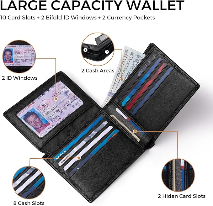 RUNBOX Leather Wallet for Men, Genuine Leather Mens Wallet Bifold Rfid Blocking with 12 Cards and 2 ID Windows, Minimalist Wallet for Men with Gift Box