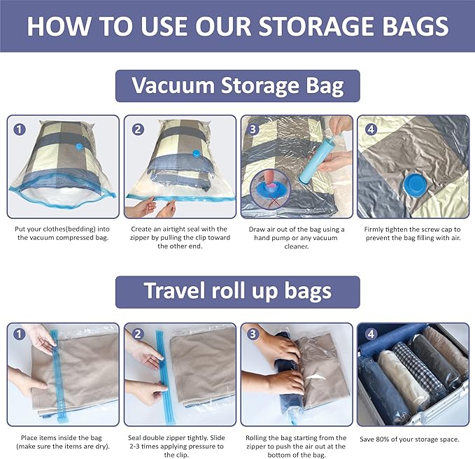 Cozy Essential Vacuum Storage Bags, 80% Compression Vacuum Seal Space Saver Plastic Packaging Bags for Clothes, Blankets, Pillow, Bedding, Comforters, Sealer Clothing Storage,25 Combo