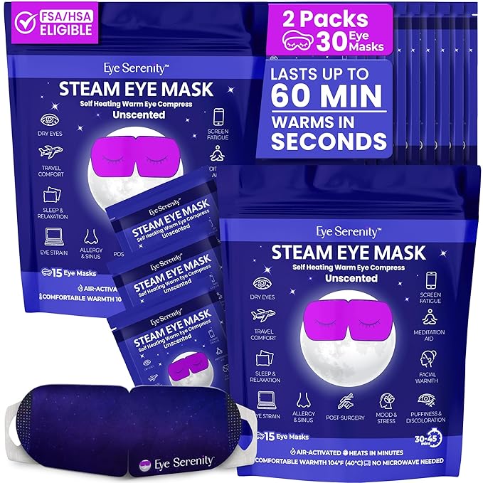 Lure Essentials Steam Eye Mask by Eye Serenity Self-Heating Warm Compress, 30-Pack, Unscented, Dry Eye Relief, Perfect for Self-Care, Ideal for Office, Travel & Nightly Relaxation, Calm Sleep