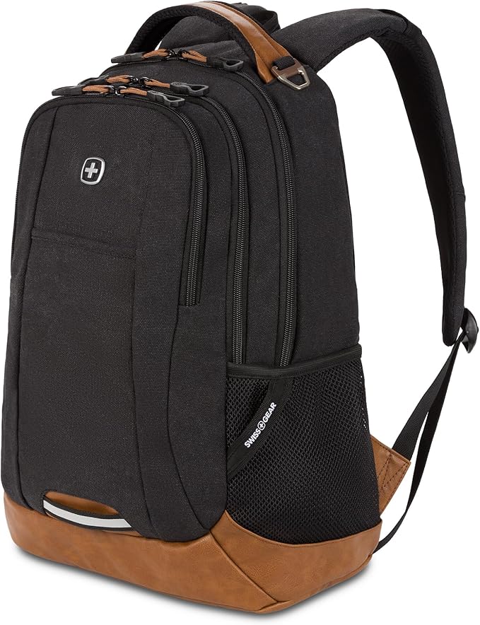 SWISSGEAR Cecil 18-Inch Laptop Backpack Fits 16-Inch Laptop, Travel Daypack with Organizer Pockets, Water Bottle Holders & Padded Straps – Black Canvas/Brown