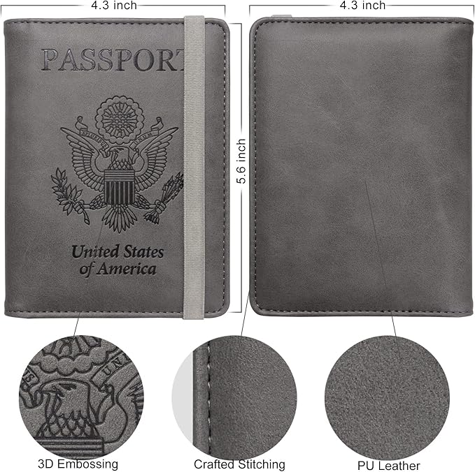 WALNEW Passport Holder Wallet, RFID Blocking Passport Cover Case PU leather Card Holder with Pen and Clear Card Slot for Women Men, Gray