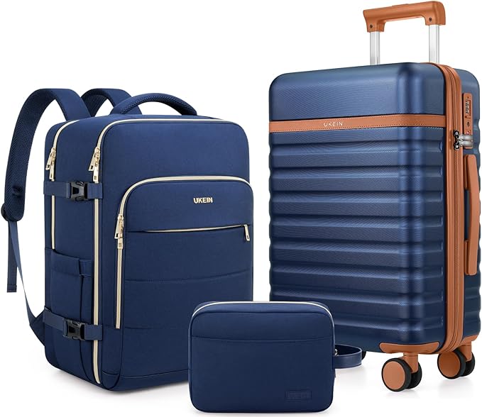 Luggage Sets 3 Piece, Carry On Luggage 20In With Spinner Wheels,PC Hardside Suitcase Set with TSA Lock,Durable Carry On Suitcase With Travel Backpack for Men (Navy Blue, 3 piece set (BP/20inch))