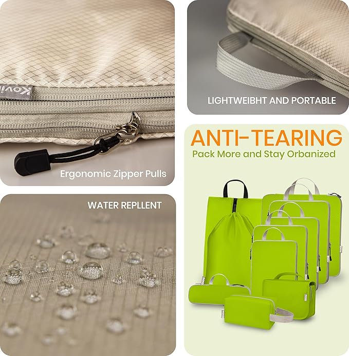 Compression Packing Cubes for Travel, Set of 10 Expandable Luggage Organizers with Shoe Bag, Lightweight Water-Resistant Suitcase Essentials for Carry-on & Checked Luggage, Green