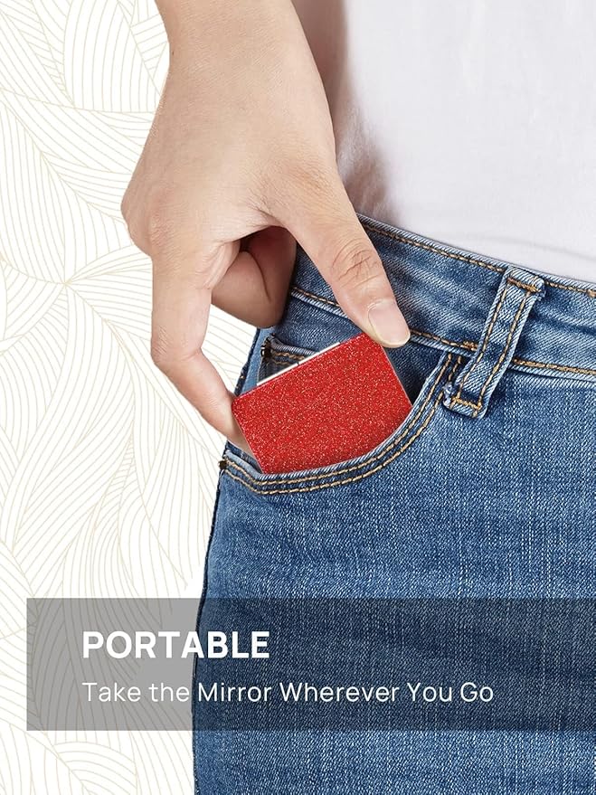 OMIRO Compact Mirror, Glitter PU Leather 1X/3X Magnification, Ultra Portable for Purses, 2.4" W x 3.4" L (Red)
