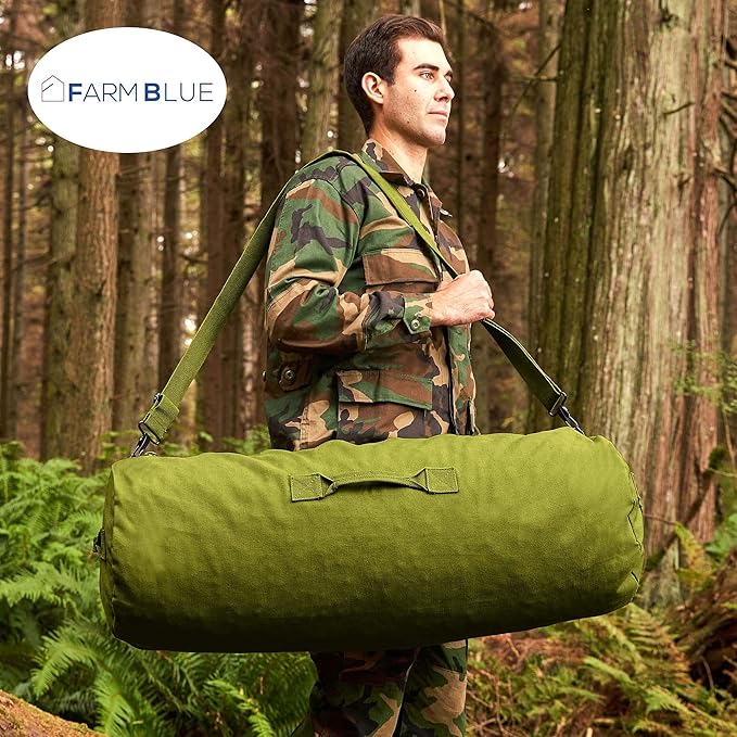 Farm Blue GI Style Zipper Duffle Bag Heavy Duty Army Duffle Bags - Military Grade Cotton Canvas Duffel Bag - Reinforced Camping Bag - Strong Zipper & Center Grab Handle (Olive Drab, Large)