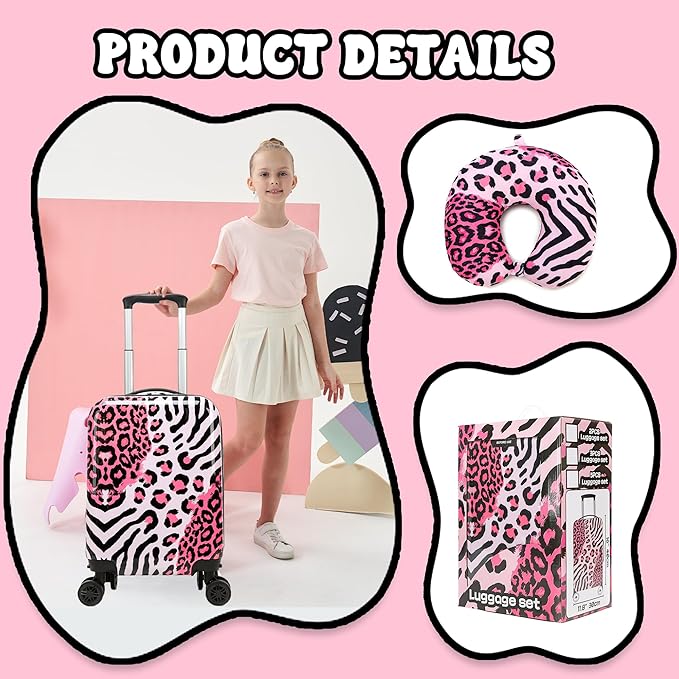 Kid's Luggage Set 2 Piece Suitcase Set Hardside Luggage with Spinner Wheels Girls Carry on Toddler Travel Rolling Suitcase with Neck Pillow Airline Approved