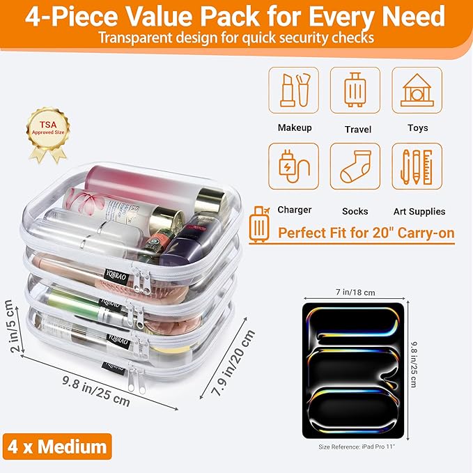 YQBRAO 4 Pack Clear Hard Shell Zipper Case, See-Through Hard Plastic Organizer Pouches with Zipper for Travel, Toiletries, Makeup, Toy, Electronics & Pencils - Crush-Resistant Storage