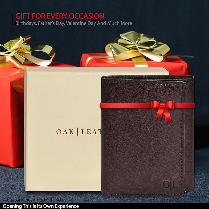 Real Leather Mens Trifold Wallet RFID Blocking Slim Minimalist Front Pocket - Thin & Stylish with ID Window in Gift Box