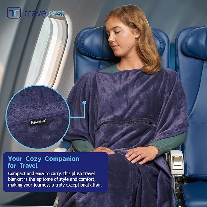 TRAVELREST 4-in-1 Travel Blanket – Wearable Blanket, Pillow & Body Wrap, Lightweight, Compact & Cozy with Carry Case, Travel Friendly, Comfort, Ideal for Airplanes, Long Flights, Road Trips - Blue
