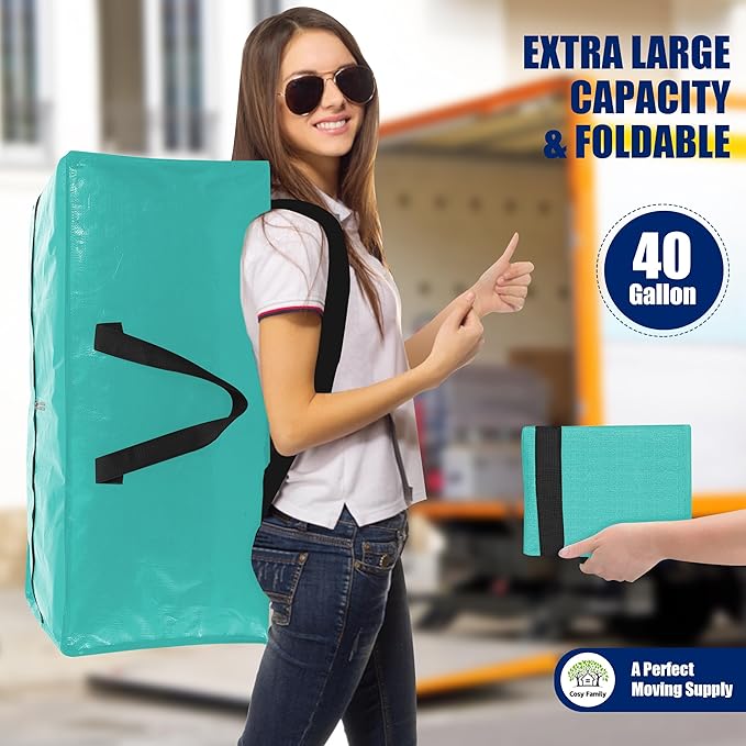 Cosy Family 8 Pack Heavy Duty Extra Large Moving Bags with Backpack Straps - Strong Handles & Zippers, Storage Totes For Space Saving, Fold Flat, Alternative to Moving Box (40 gal, Aquamarine)