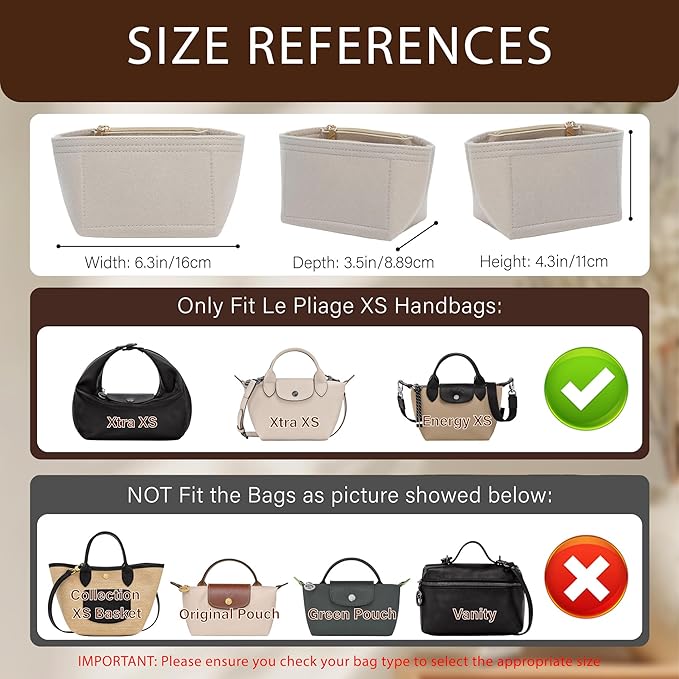Premium Felt Purse Organizer Insert for Longchamp Le Pliage Energy/Xtra -XS, Zipper Long Champ Bag Organizer Insert with 4 Compartments