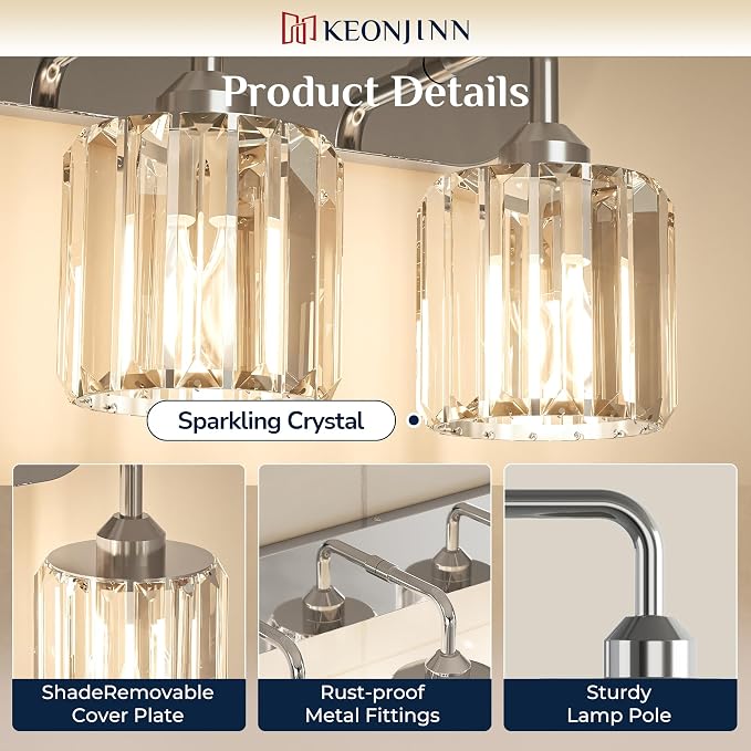 Keonjinn 4-Light Chrome Bathroom Light Fixtures Over Mirror, Crystal | Vanity Lighting Fixture with Crystal Square Shades, Dimmable, Modern Style, Compatible with E26 Base LED Bulbs (Exclude Bulb)
