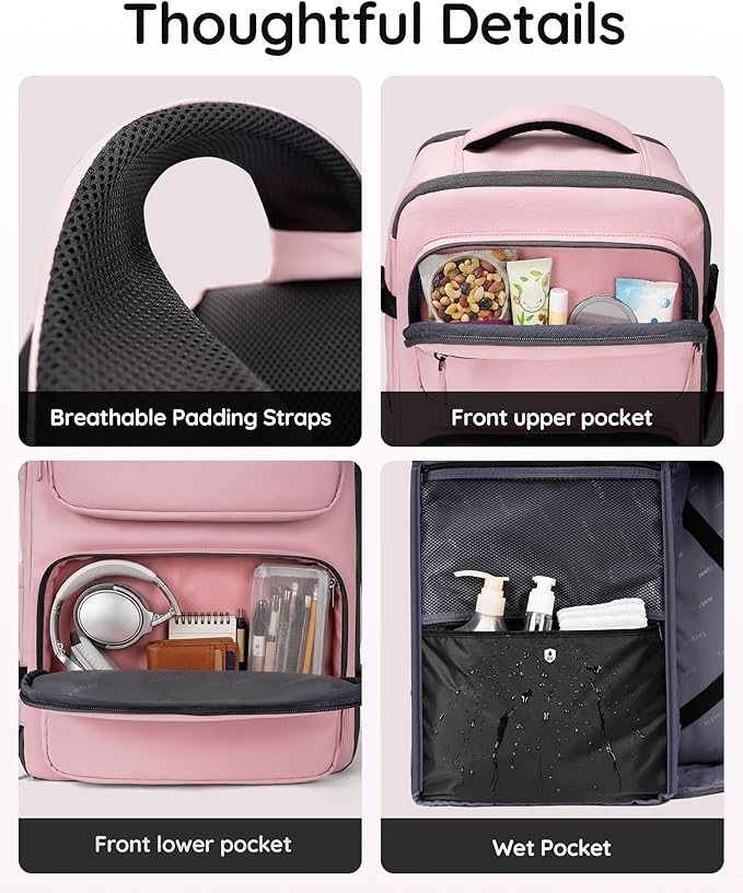 Taygeer 18 x 14 x 8 Inches Personal Item Bag, Travel Personal Item Bag with Water Bottle Pocket & Shoe Pouch, TSA Approved Under Seat Carry on Backpack Fits 15.6 inch Laptop for Women Airplanes, Pink