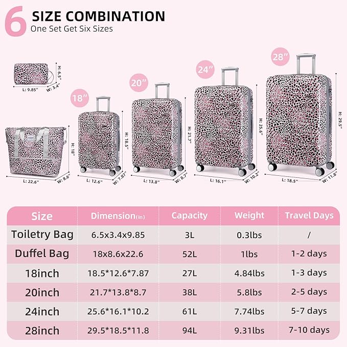 LARVENDER Luggage Sets 6 Piece, Expandable Luggage Hardside PC+ABS Leopard Suitcase Sets with Spinner Wheels TSA Lock, Lightweight Rolling Suitcase for Men and Women, Leopard Pink
