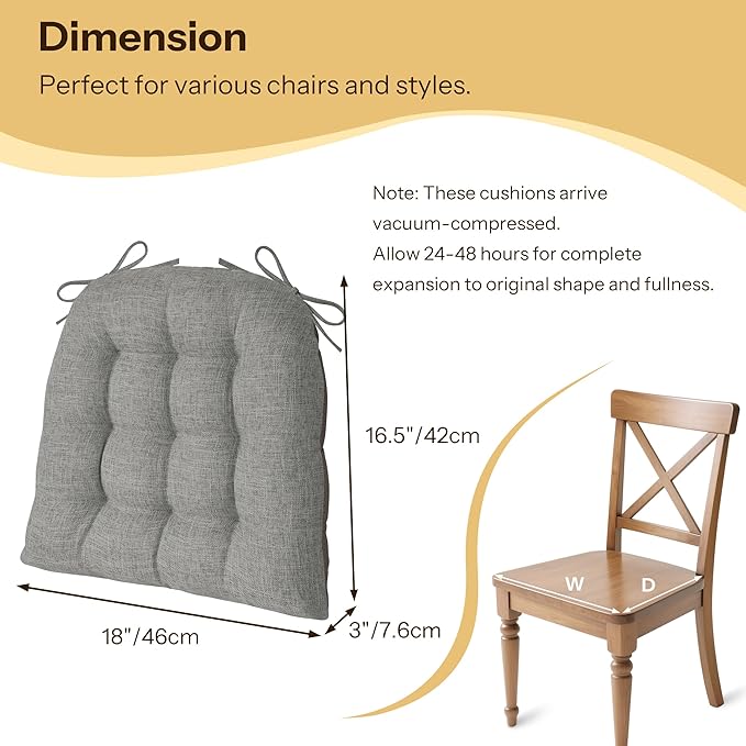 Chair Cushions for Dining Chairs Set of 4 Durable D-Shaped Seat Cushions with Non-Slip Backing Secure Ties Thick Cozy Seat Pad for Kitchen Dining Room Office(18x16.5x3in Light Grey)