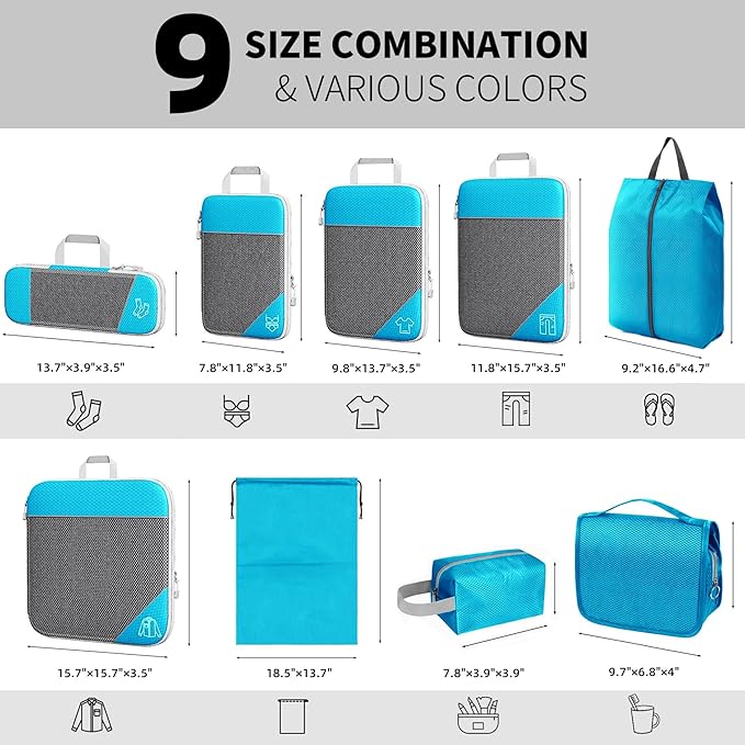 9-Set Packing Cubes with Hanging Bag | 9-Size Combination, Mesh Fabric & Reflective Stripe | Travel Luggage Organizers (sky blue)