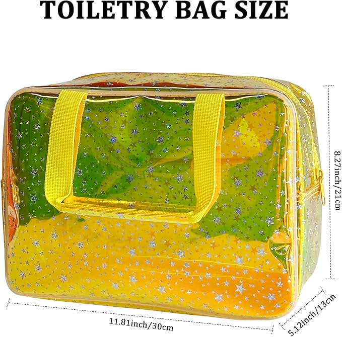 Holographic Yellow Clear Star Large Cosmetic Bag and TPU Travel Pouch with Handle,Durable Material,Zipper Design-Ideal for Makeup,Travel Essentials (Yellow)