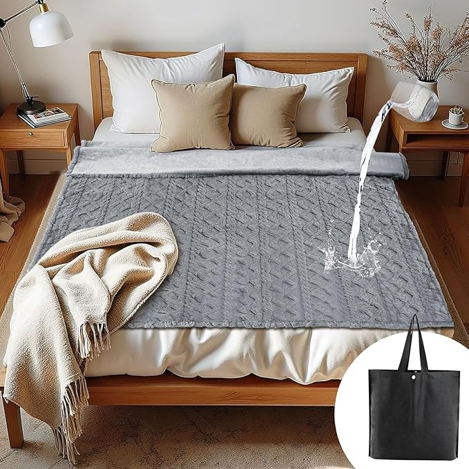 King Size Waterproof Blanket for Bed Couch, 80'' x 60'' Double Side Leakproof Reversible Sherpa Flannel Fleece 3-Layer Lightweight Blanket, Absorbs 50oz, Gray, Machine Washable