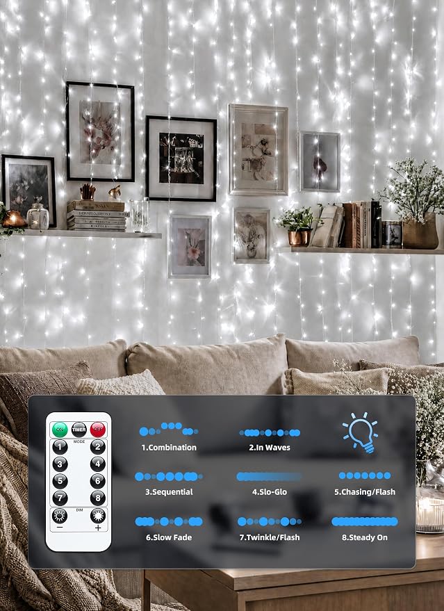 Brightown 300 LED White Fairy Curtain Lights, 9.8ft x 9.8ft String Lights | Winter Wonderland Decorations USB Plug in 8 Lighting Modes Christmas Hanging Lights with Remote for Bedroom Indoor Outdoor