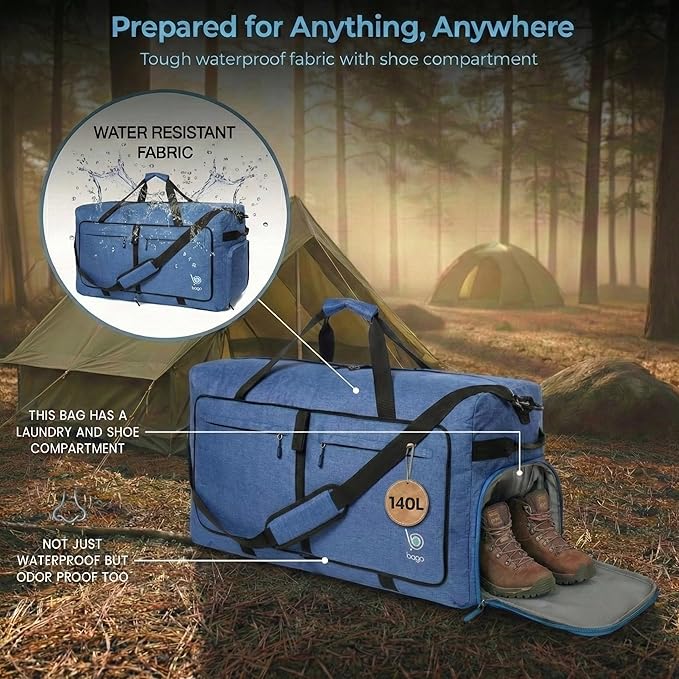 Bago Extra Large Duffle Bag for Travel Women & Men. Durable, Lightweight, Foldable Travel Duffel Bags For Traveling Women. 140L Duffle Bags Use As a Weekender Bag with Shoe Compartment, Checked Duffel