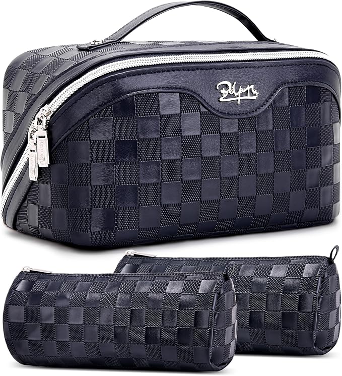 BOYATU Travel Makeup Bag Organizer: 3 Pcs Set Large Capacity Cosmetic Bags Holds 10–20 100ml Full-Size Bottles - 180°Open-Flat Make up Case 3-sec touch-up - Toiletry Bag Gift women (03-A-Dark Blue)