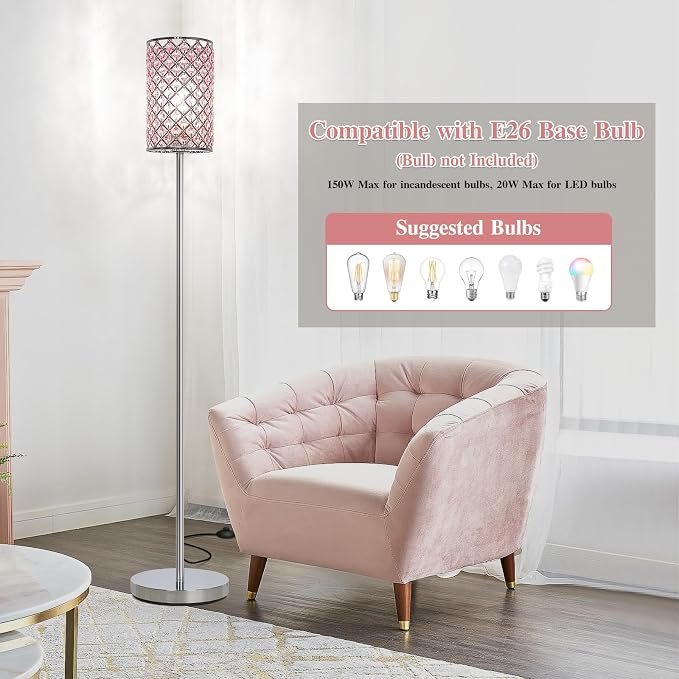 Crystal Floor Lamp, Silver Lamp with Pink Shade and Foot Switch | Elegant Standing Light, Tall Pole Girls Lamp for Living Room Bedroom Dresser Office, E26 Base