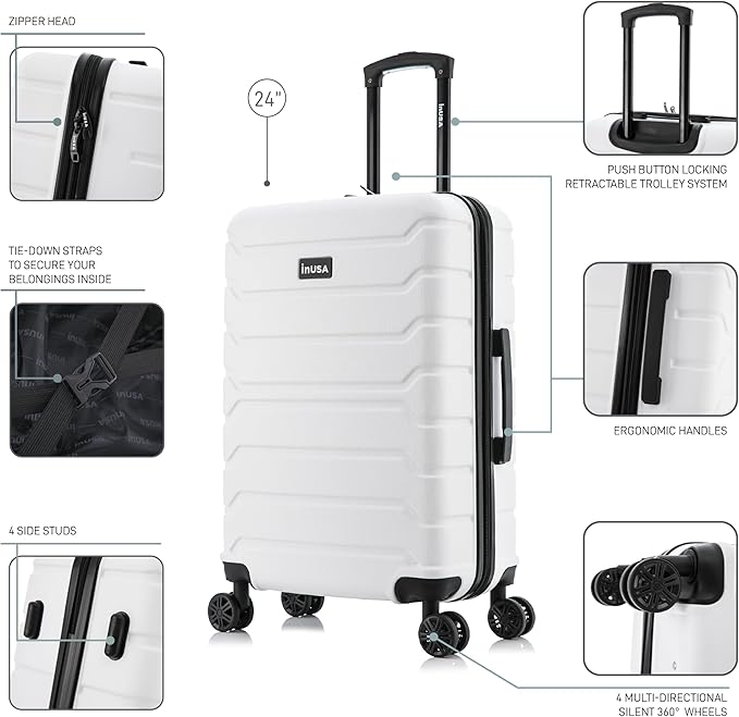 InUSA TREND Luggage with Spinner Wheels | Durable lightweight Hardside Suitcase, Travel bag with Handle and Trolley, 24-Inch Medium Checked luggage | White
