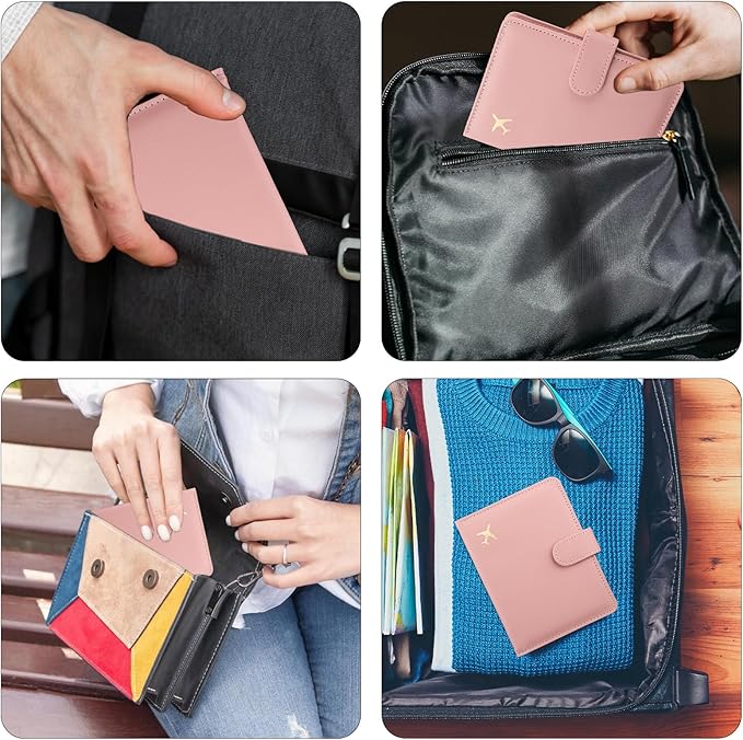 GOAUS Passport Holder for Travel with AirTag Slot Cards Cash Pocket, Faux Leather Travle Wallet Gifts for Women Men RFID Blocking Book Case Pink, AirTag Not Included