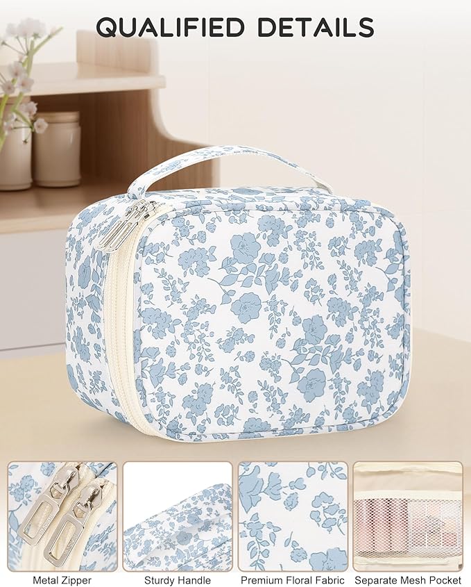 Relavel Travel Makeup Bag, Mini Floral Cosmetic Bag with 2 Makeup Brush Holders, Portable Makeup Pouch for Women, Cute Toiletry Bag with Double Layer Organizer, Blue Flower-Smaller