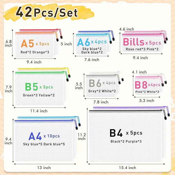 42pcs Mesh Zipper Pouch Bags, 8 Sizes Plastic Zippered Storage Bags for Organizing, Clear Pouches with Zipper, Waterproof Mesh Pouch for Office School Supplies, Home Organize, Travel Storage