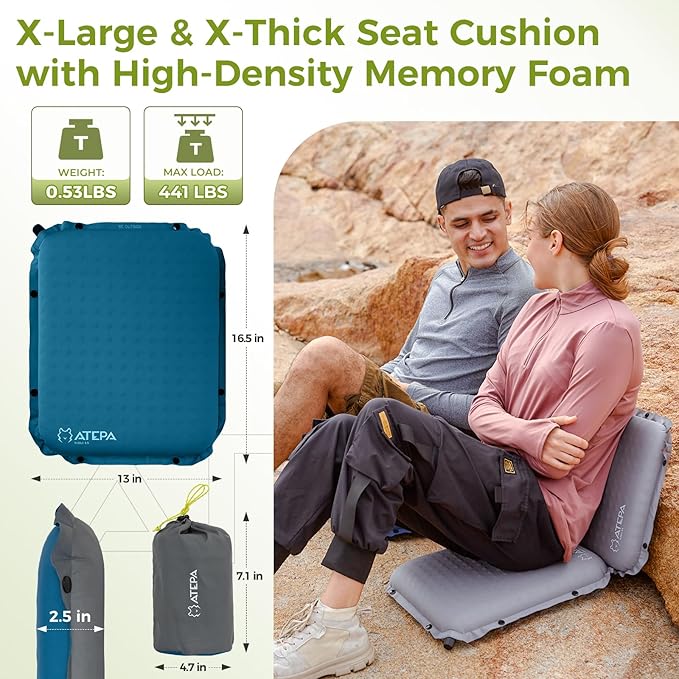 ATEPA Inflatable Seat Cushion, Self-Inflating Portable Stadium Airplane Travel Foam Cushion Pad for Camping, Sports Events, Outdoor