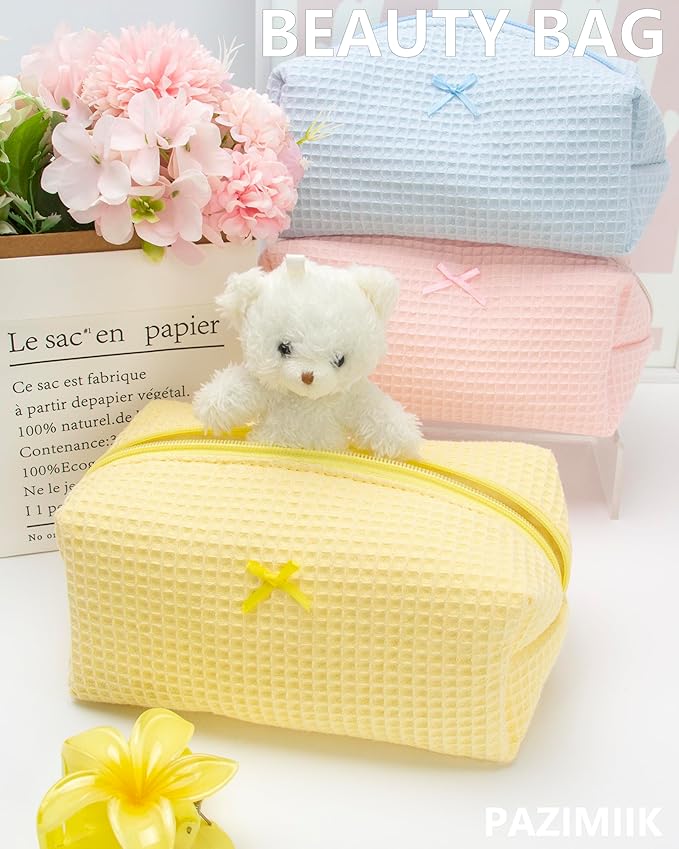 PAZIMIIK 2PCS Cozy Makeup Bag Travel Cosmetic Bag for Women Soft Toiletry Bag Aesthetic Makeup Organizer Portable Large Zipper Pouch for Skincare Beauty Accessories Brushes Waffle Check Yellow