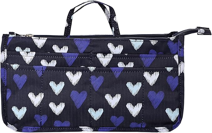 BTSKY Printing Handbag Organizers Inside Purse Insert - High Capacity 13 Pockets Bag Tote Organizer with Handle (Blue Heart)