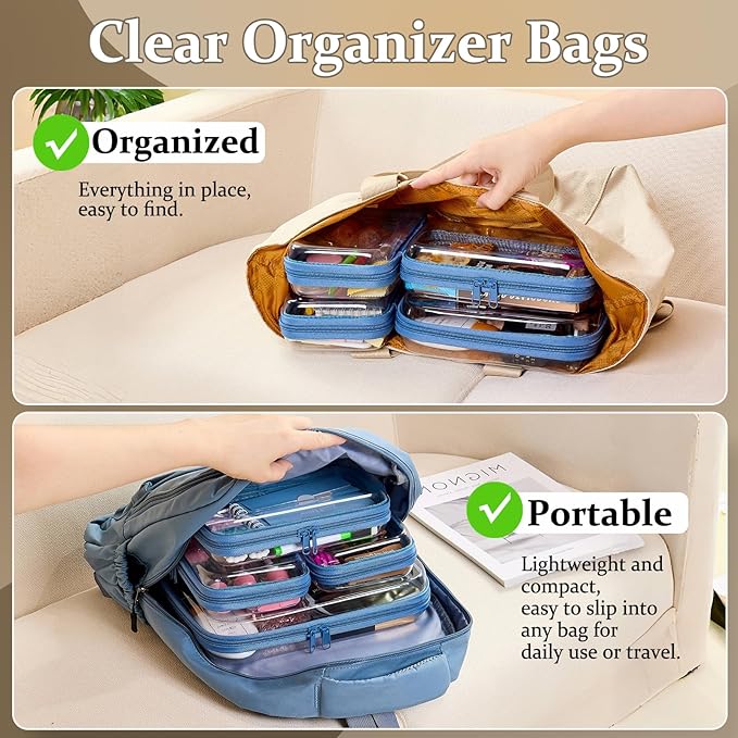 4 pcs Clear Zipper Pouches,Hard Shell Zipper Case, Toiletry Bag for Travel, CLear Diaper Bag, Toiletry Pouch, Travel Organizer, Cosmetic Bag,Toy Storage Bins (M+3S) (Blue)