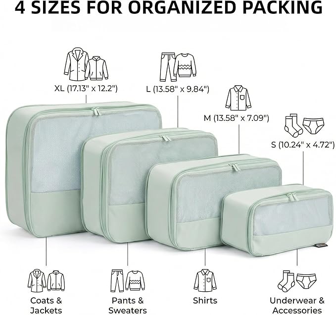 4 Piece Compression Packing Cubes for 3–7 Day Travel, Lightweight Travel Organizers with Breathable Mesh, Double-Zipper Packing Cubes for Carry-On & Suitcases (Light Green)
