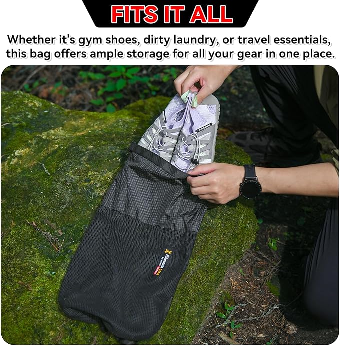 HIKEMAN Mesh Shoe Storage Bag for Hiking, Backpack External Storage Pouch, Attach to Backpack for Hiking, Camping, Backpacking & Outdoor Activities (Black, M)