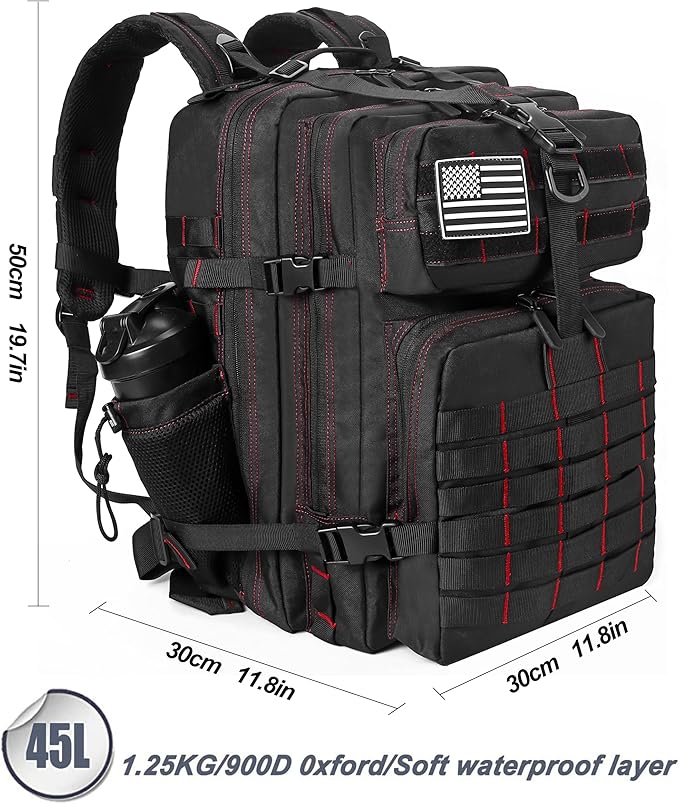 LHI Military Tactical Backpack for Men and Women 45L Army 3 Days Assault Pack Bag Large Rucksack with Molle System - Black With Red Line