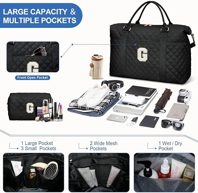 Gifts for Women, Initial Travel Duffle Bag, Personalized Weekender Overnight Bags, Gift for Mom Friend College Girl Graduation Teacher（Black,G)