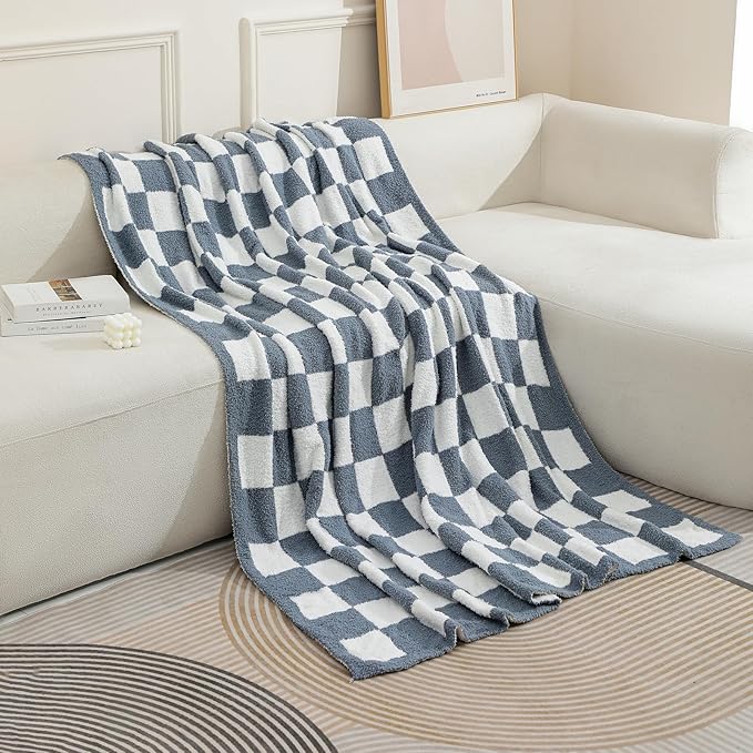 bearberry Fuzzy Checkerboard Grid Throw Blanket Knitted Soft Cozy Warm Microfiber Blanket Decor for Couch Sofa Bed Travel Home (Charcoal Grey, 60''x80'')