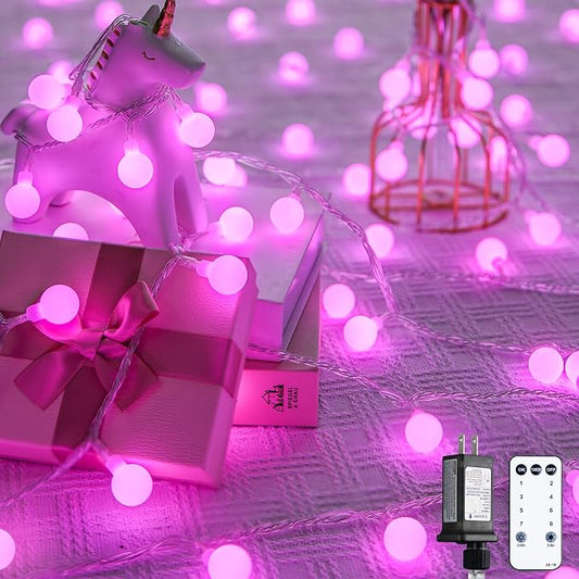 JMEXSUSS 33 ft 100 LED Globe Pink Christmas String Lights Indoor | 8 Mode Pink Lights Plug in, Fairy Pink String Lights with Remote for Bedroom Girl Room Anniversary Party Valentines Day