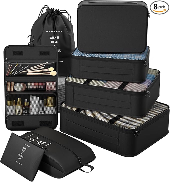 8 Set Packing Cubes for Travel,Suitcase Organizer Bags for Luggage with Shoe & Hanging Toiletry Bag, Vacation Essentials & Accessories for Cruise Ship, Airplane Must-Have,Road Trip & Camp Gifts(Black)