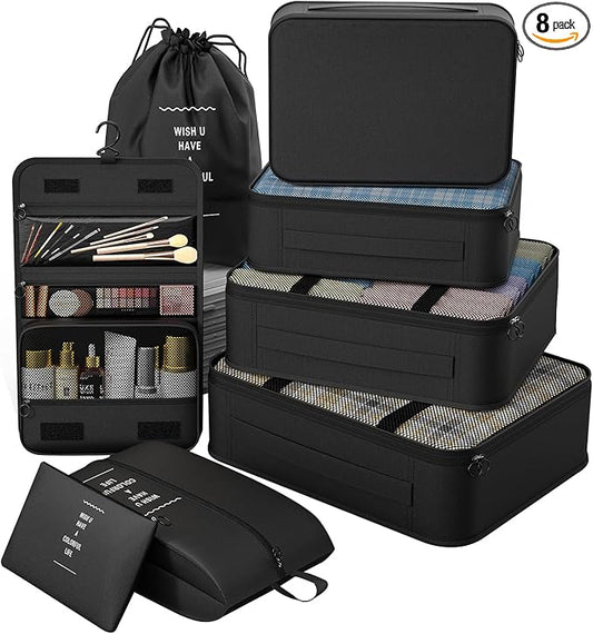 8 Set Packing Cubes for Travel,Suitcase Organizer Bags for Luggage with Shoe & Hanging Toiletry Bag, Vacation Essentials & Accessories for Cruise Ship, Airplane Must-Have,Road Trip & Camp Gifts(Black)