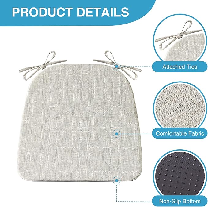 Chair Cushions for Dining Chairs Set of 4, Non Slip Kitchen Chair Pads, 17" x 16" x 2", Indoor Dining Chair Cushions with Ties, D-Shaped Seat Cushions for Kitchen Chairs, Beige