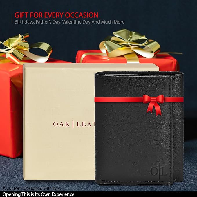 Real Leather Mens Trifold Wallet RFID Blocking Slim Minimalist Front Pocket - Thin & Stylish with ID Window in Gift Box