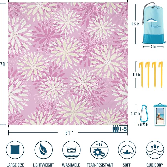 Famstar Beach Blanket Sandproof Waterproof 78''×81''1-5 Adults Oversized,Compact Lightweight Durable Beach Mat for Travel Camping Hiking Picnic Blanket