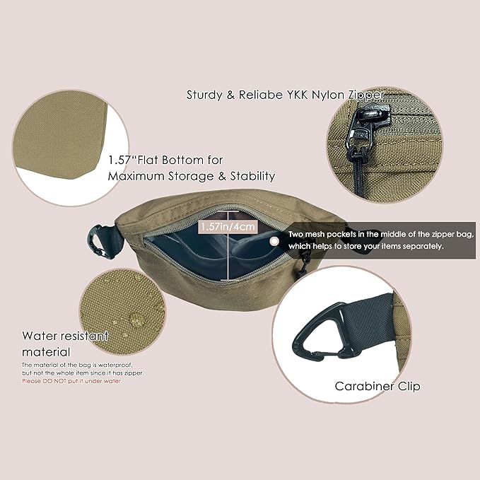 YUMQUA Water-Resistant Zipper Pouch with Carabiner Clip, Small Nylon Multipurpose Travel Digital Cosmetics Toiletry Bag Tool Storage Pouch, Khaki