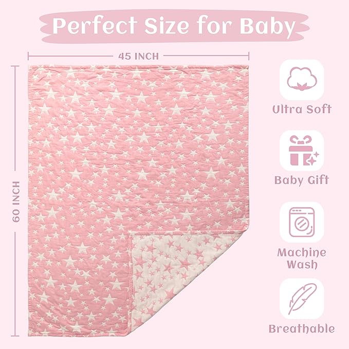 NTBAY 3 Layer Oversized Muslin Cotton Toddler Blanket, 45x60 Inches Jacquard Reversible Nursery Bed Blanket, Super Soft and Thermal Crib Blanket for All Seasons, Baby Gift, 45"x60", Pink/White Star