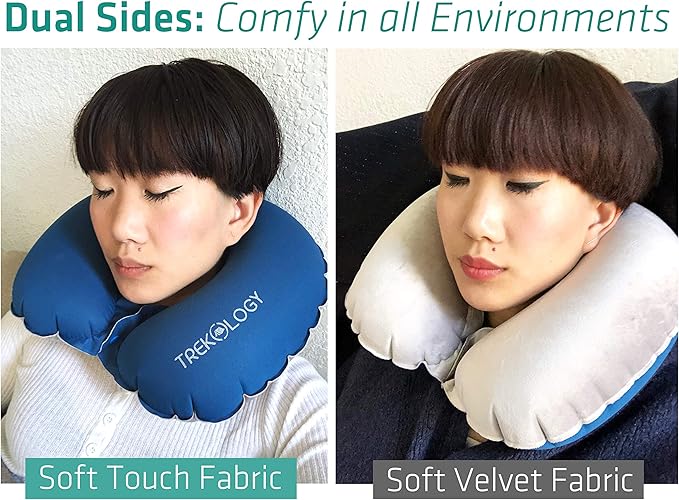 TREKOLOGY Inflatable Neck Pillow for Travel – Compact Ultralight Air Pillow with Button Inflation & Quick Deflate – Dual-Fabric Neck Support Cushion for Airplane, Car, Train, Bus