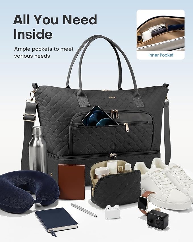 HOTOR Travel Duffle Bag for Women - Carry on Bag with Toiletry Pouch & Shoe Compartment, Large Overnight Weekender Bags for Gym, Business Trips, Sports and Hospital, Black, 17.3" x 7.9" x 13.4"